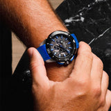 Ανδρικό ρολόι Festina Chrono Bike F60462/1 χρονογράφος με μπλε καουτσούκ λουράκι, μαύρο καντραν με ένδειξη ημερομηνίας, μηχανισμό μπαταρίας, στρογγυλό στεφάνι με διάμετρο 47mm, αδιάβροχο στις 10ΑΤΜ-100Μ.