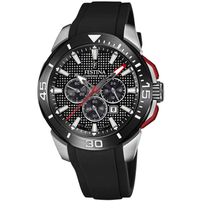 Αντρικό ρολόι Festina Chrono Bike F20642/4 με μαύρο λουράκι σιλικόνης, μαύρο καντραν, μηχανισμό μπαταρίας με λειτουργία χρονογράφου και ένδειξη ημερομηνίας, στρογγυλό στεφάνι με διάμετρο 47mm, αδιάβροχο στις 10ΑΤΜ-100Μ.