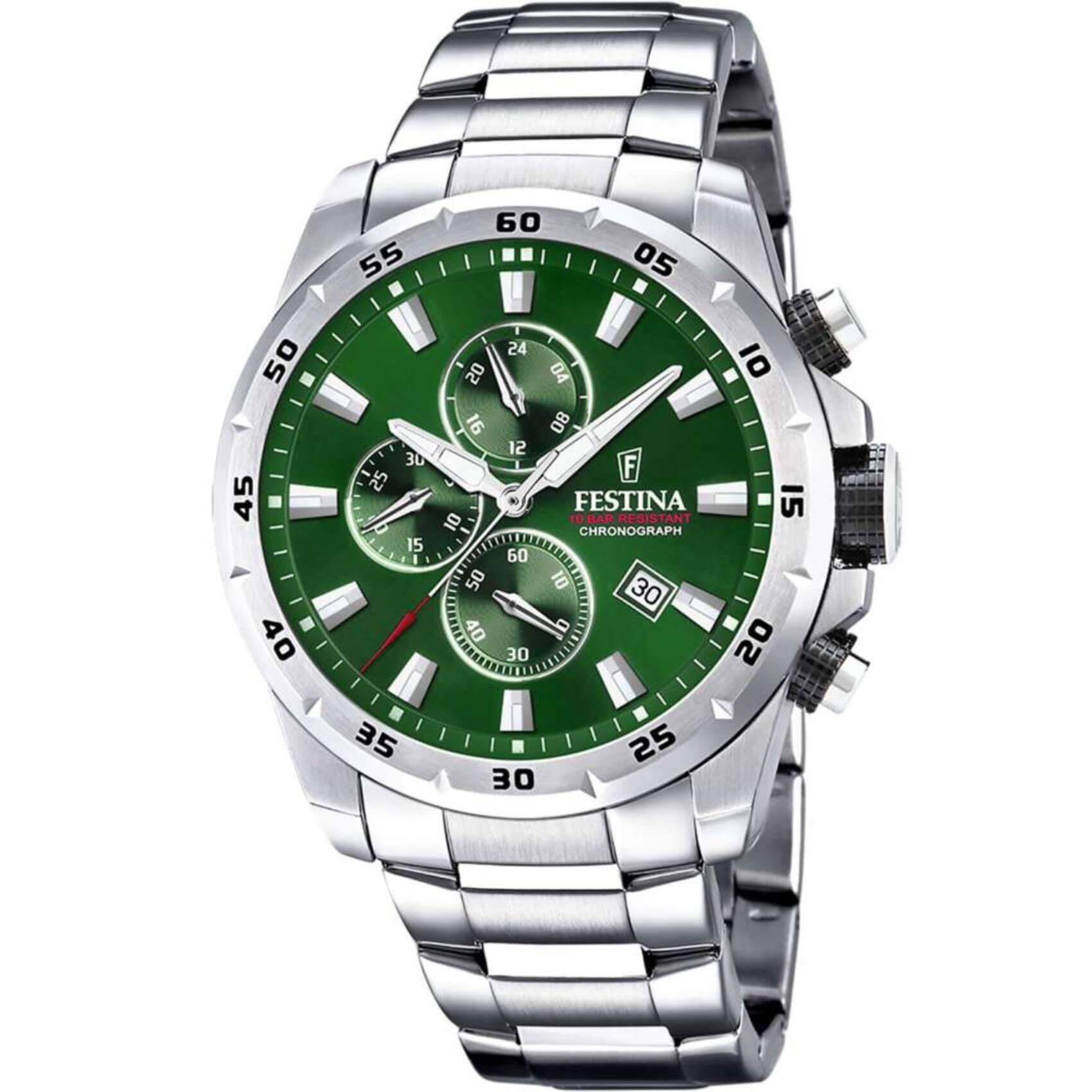 Ρολόι Festina F20463/3 χρονογράφος με ασημί ατσάλινο μπρασελέ, πράσινο καντραν, μηχανισμό μπαταρίας, στρογγυλό στεφάνι με διάμετρο 41.5mm και ένδειξη ημερομηνίας αδιάβροχο στις 10ΑΤΜ-100Μ.