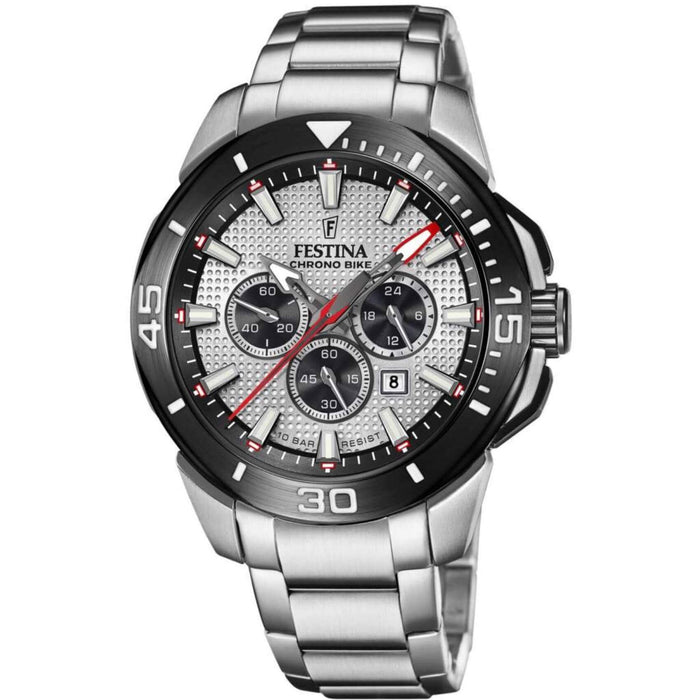 Αντρικό ρολόι Festina Chrono Bike F20641/1 με ασημί ατσάλινο μπρασελέ, ασημί καντραν, μηχανισμό μπαταρίας με λειτουργία χρονογράφου και ένδειξη ημερομηνίας, στρογγυλό στεφάνι με διάμετρο 47mm, αδιάβροχο στις 10ΑΤΜ-100Μ.