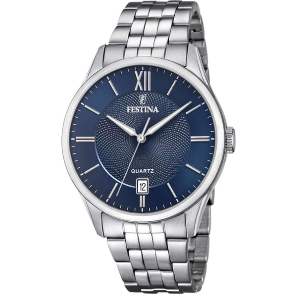 Αντρικό ρολόι Festina Classics F20425/2 με ασημί ατσάλινο μπρασελέ, μπλε καντραν, τζαμάκι από ορυκτό κρύσταλλο, μηχανισμό μπαταρίας quartz με ένδειξη ημερομηνίας και στρογγυλό στεφάνι με διάμετρο 43mm, αδιάβροχο στις 5ΑΤΜ-50Μ.