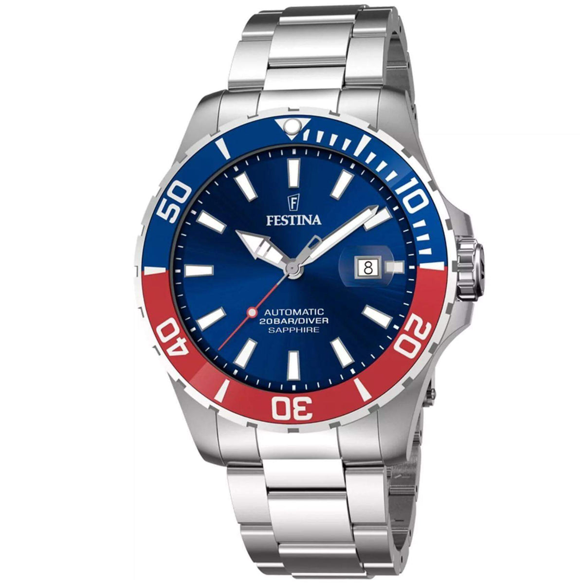 Καταδυτικό ρολόι Festina Diver F20531/5 με ασημί ατσάλινο μπρασελέ υφασμάτινο, μπλε καντράν μεγέθους 44mm και αυτόματο μηχανισμό.