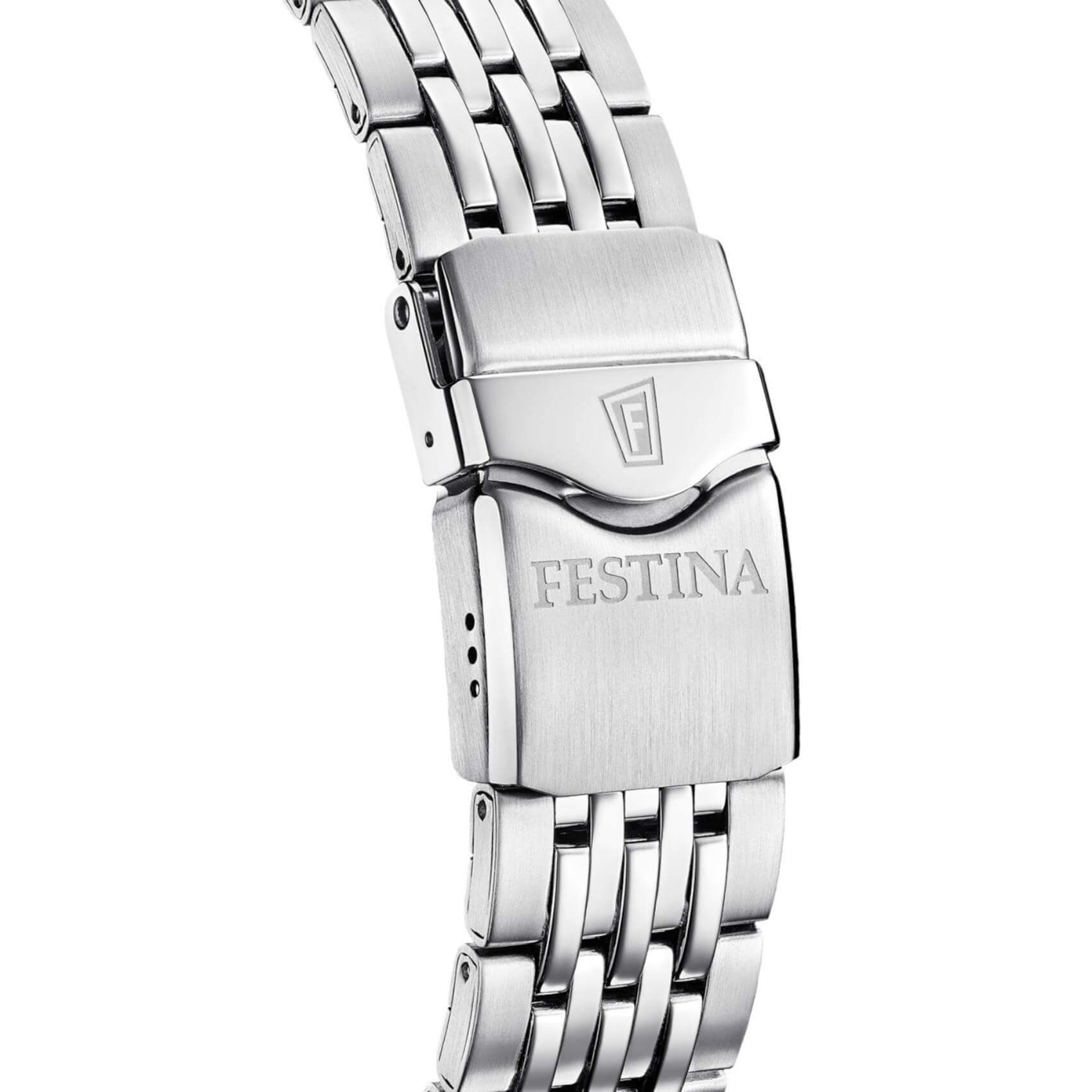 Καταδυτικό ρολόι Festina Diver F20661/1 με ένδειξη μερομηνίας/ημέρας, ασημί μπρασελέ, μπλε καντράν και στεφάνι διαμέτρου 45mm.