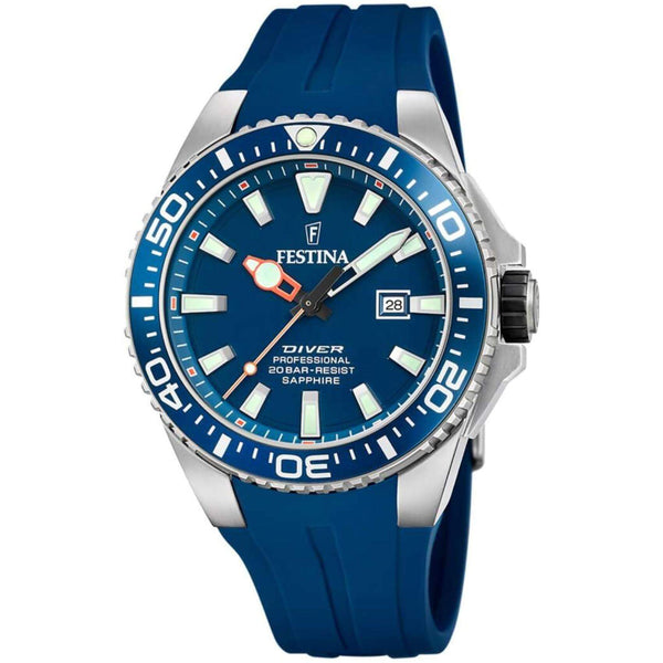 Αντρικό καταδυτικό ρολόι Festina Diver F20664/1 με μπλε λουράκι σιλικόνης, μπλε καντραν, μηχανισμό μπαταρίας με ένδειξη ημερομηνίας, στρογγυλό στεφάνι τζαμάκι από ζαφείρι με διάμετρο 47,5mm, αδιάβροχο στις 20ΑΤΜ-200Μ.