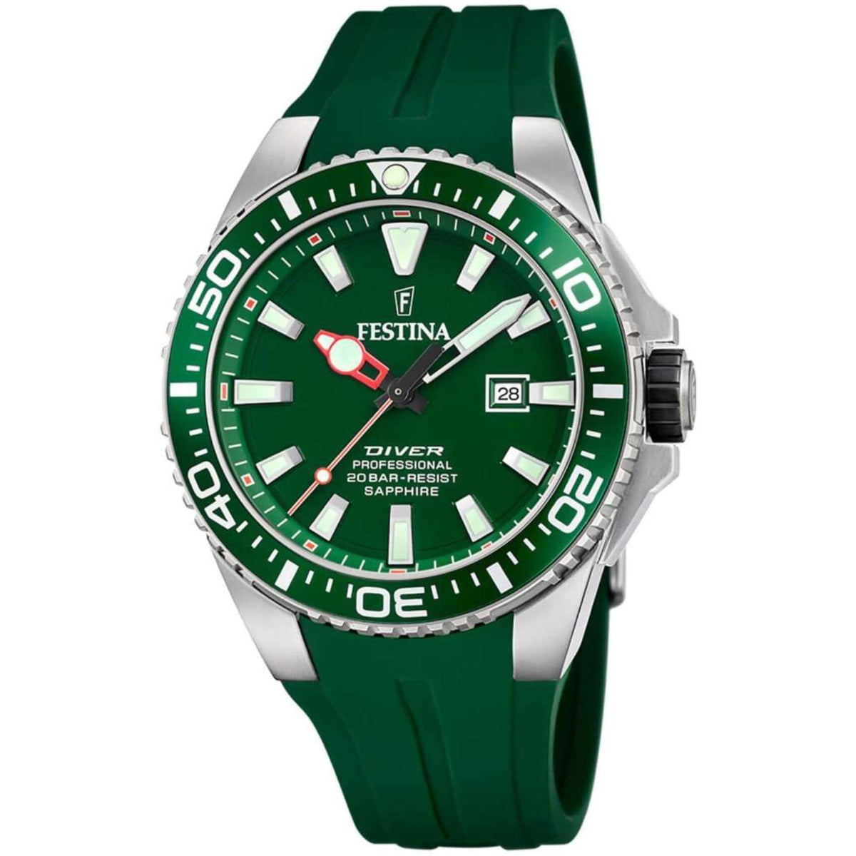 Αντρικό καταδυτικό ρολόι Festina Diver F20664/2 με πράσινο λουράκι σιλικόνης, πράσινο καντραν, μηχανισμό μπαταρίας με ένδειξη ημερομηνίας, στρογγυλό στεφάνι τζαμάκι από ζαφείρι με διάμετρο 47,5mm, αδιάβροχο στις 20ΑΤΜ-200Μ.