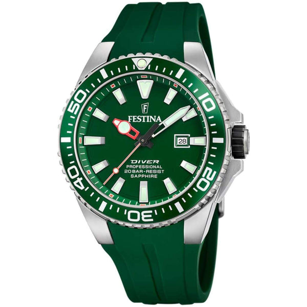 Αντρικό καταδυτικό ρολόι Festina Diver F20664/2 με πράσινο λουράκι σιλικόνης, πράσινο καντραν, μηχανισμό μπαταρίας με ένδειξη ημερομηνίας, στρογγυλό στεφάνι τζαμάκι από ζαφείρι με διάμετρο 47,5mm, αδιάβροχο στις 20ΑΤΜ-200Μ.