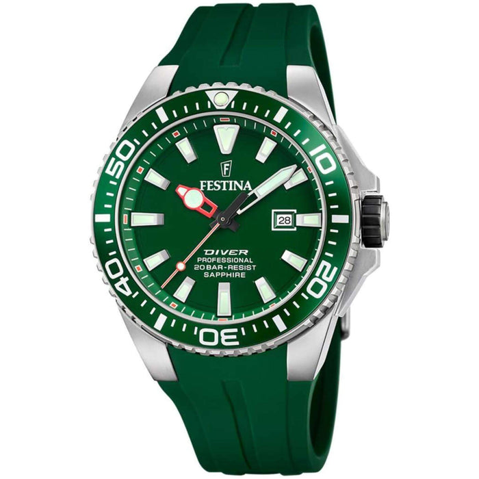 Αντρικό καταδυτικό ρολόι Festina Diver F20664/2 με πράσινο λουράκι σιλικόνης, πράσινο καντραν, μηχανισμό μπαταρίας με ένδειξη ημερομηνίας, στρογγυλό στεφάνι τζαμάκι από ζαφείρι με διάμετρο 47,5mm, αδιάβροχο στις 20ΑΤΜ-200Μ.