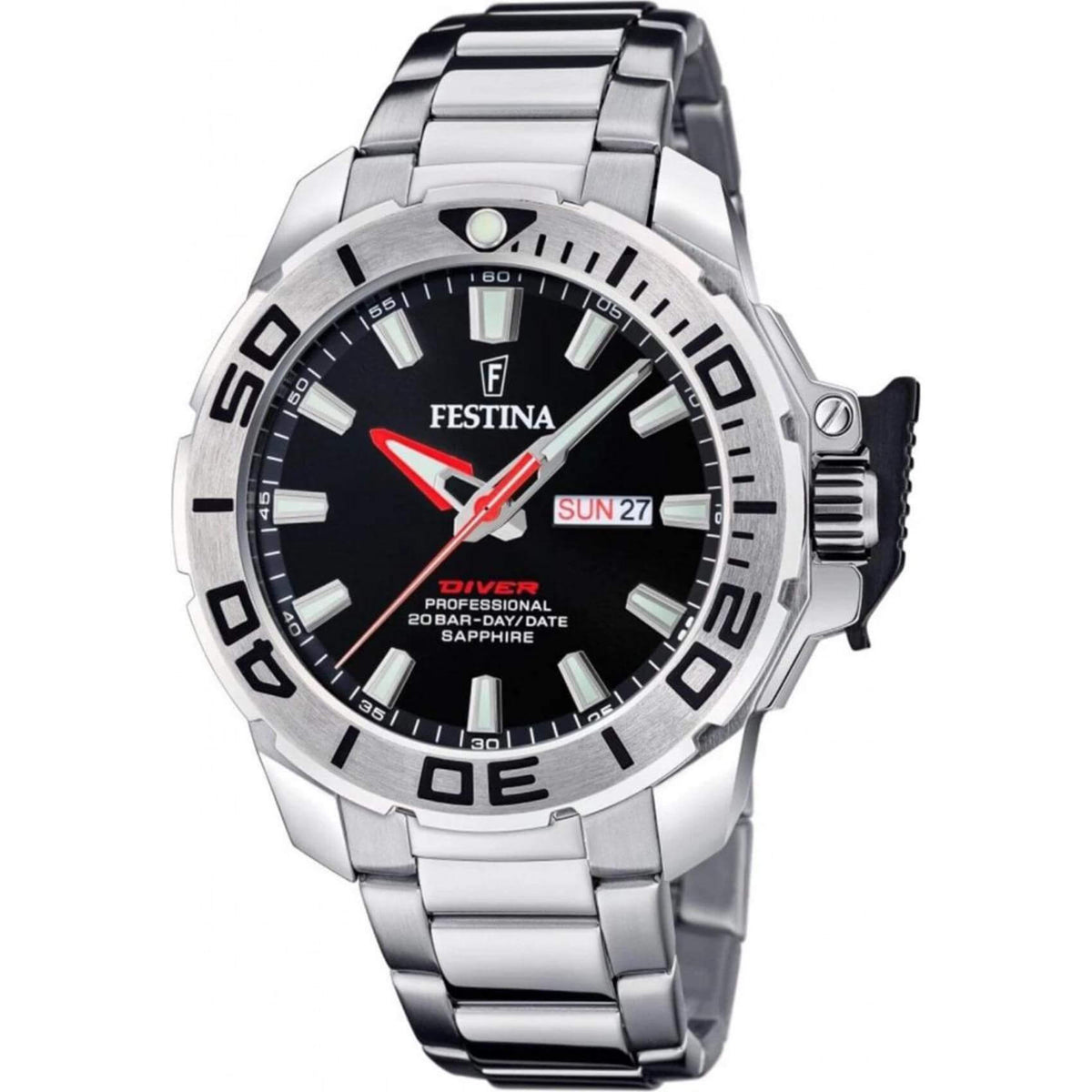 Καταδυτικό ρολόι Festina Diver Proffesional F20665/4 με ασημί μπρασελέ, μαύρο καντραν με ένδειξη ημερομηνίας, στεγανότητα 20 ATM και κάσα με διάμετρο 45m.
