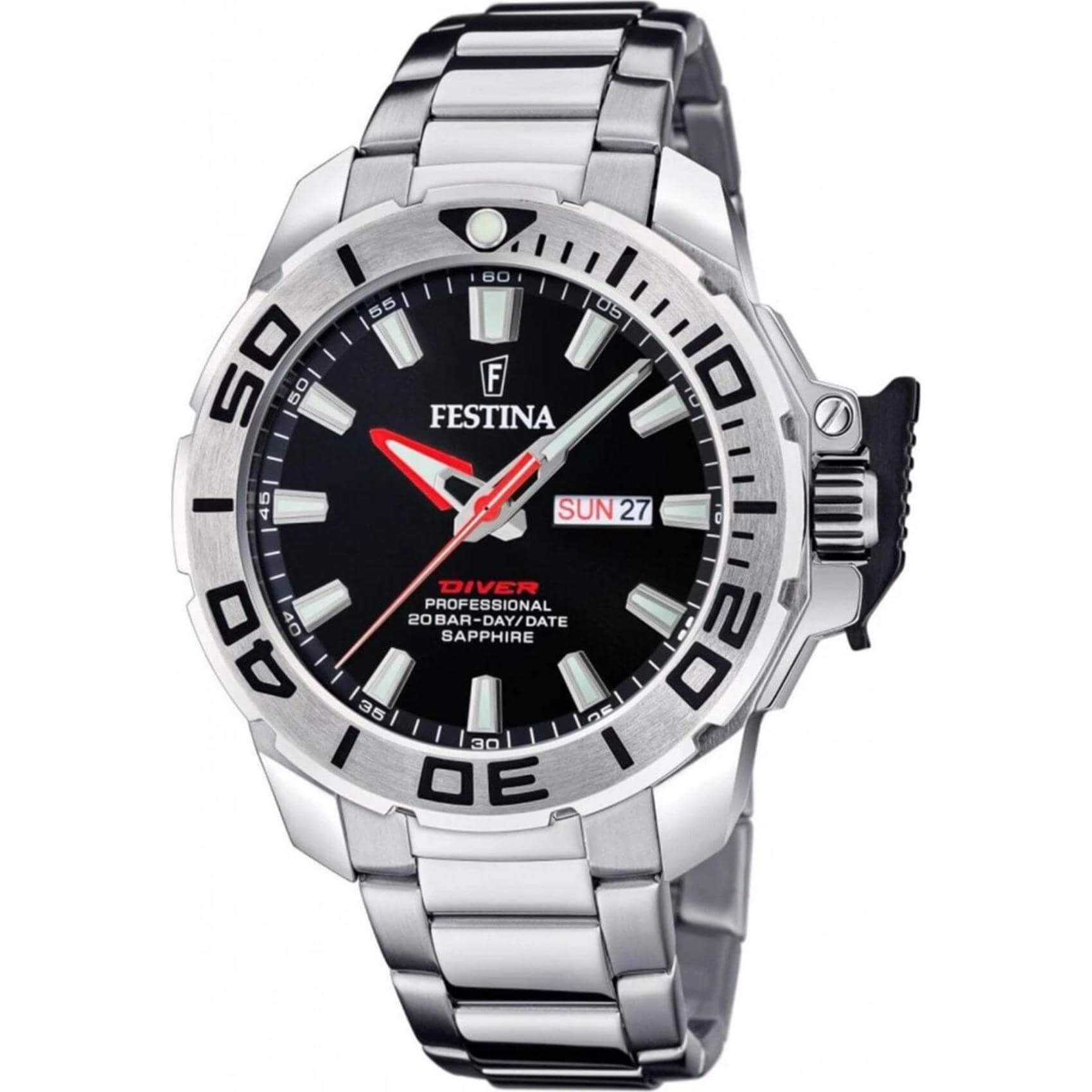 Καταδυτικό ρολόι Festina Diver Proffesional F20665/4 με ασημί μπρασελέ, μαύρο καντραν με ένδειξη ημερομηνίας, στεγανότητα 20 ATM και κάσα με διάμετρο 45m.