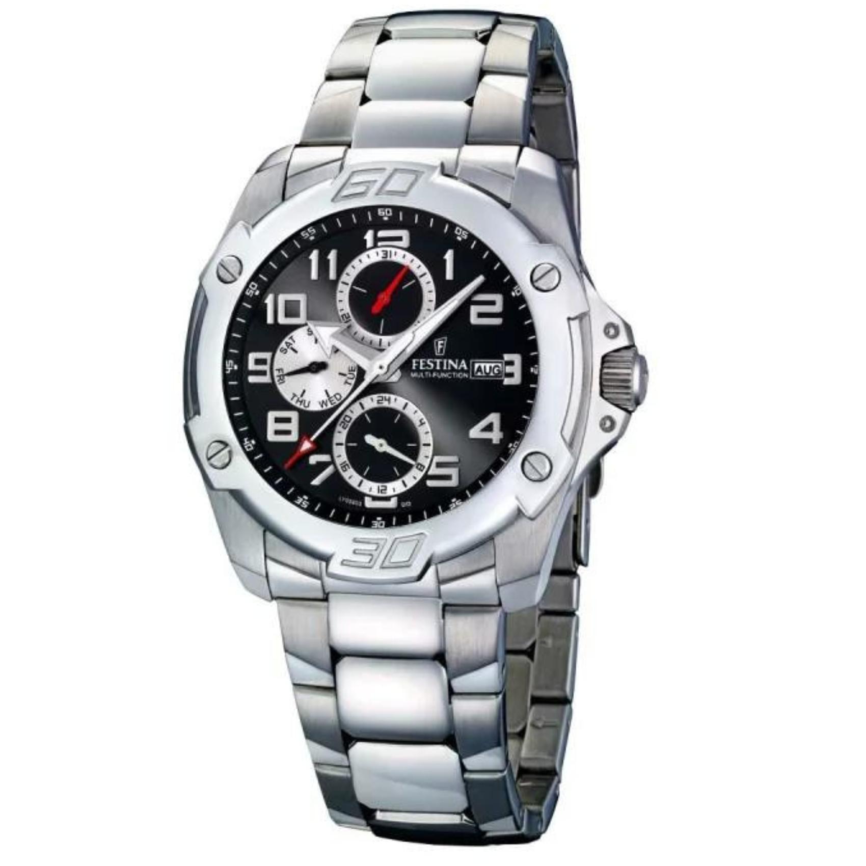 Αδιάβροχο ρολόι Festina F16385/3 με χρονογράφο, ασημί μπρασελέ, μαύρο καντράν με ένδειξη ημερομηνίας και στεφάνι διαμέτρου 43mm αδιάβροχο στις 10ATM-100M..