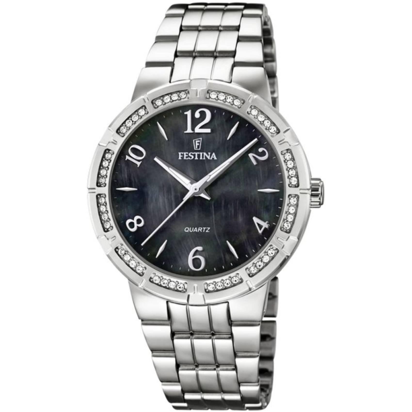 Γυναικείο ρολόι Festina F16703/2 με ασημί ατσάλινο μπρασελέ, μαύρο καντραν, μηχανισμό μπαταρίας, στρογγυλό στεφάνι με διάμετρο 35,5mm και ζιργκόν, αδιάβροχο στις 5ΑΤΜ-50Μ.