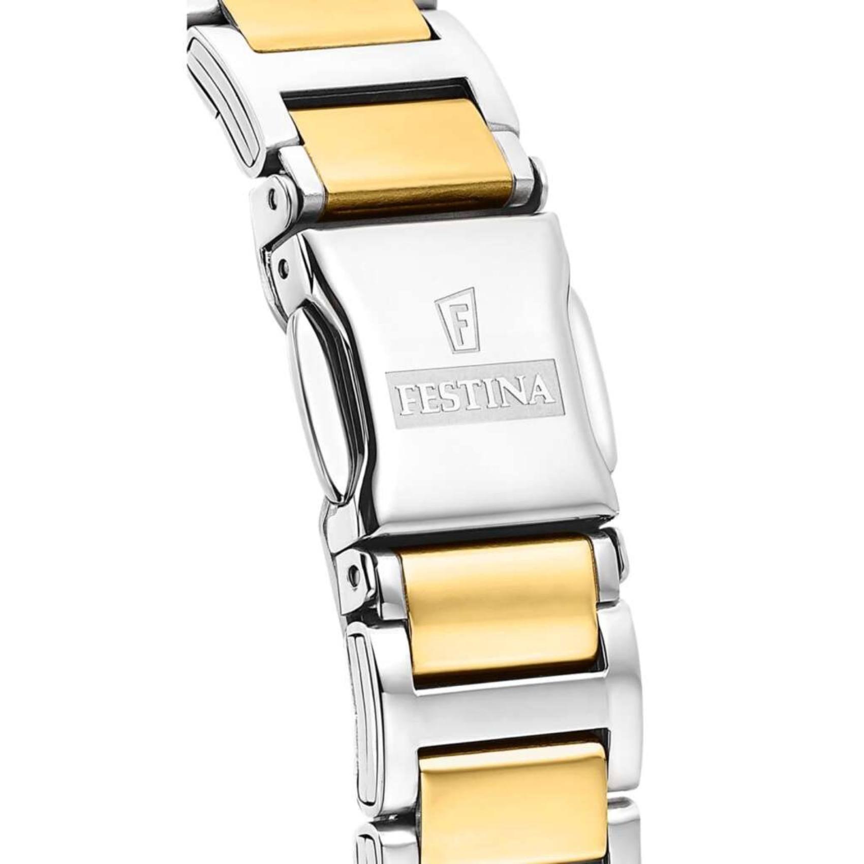 Ρολόι Festina F16937/B με ασημί-χρυσό ατσάλινο μπρασελέ, χρυσό καντραν, μηχανισμό μπαταρίας, στρογγυλό στεφάνι με διάμετρο 32mm αδιάβροχο στις 5ΑΤΜ-50Μ.