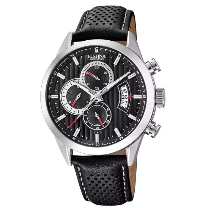 Ανδρικό ρολόι Festina f20271/6 με μαύρο δερμάτινο λουράκι, μαύρο καντραν με χρονογράφο, μηχανισμό μπαταρίας, στρογγυλό στεφάνι με διάμετρο 44mm, αδιάβροχο στις 5ΑΤΜ-50Μ.