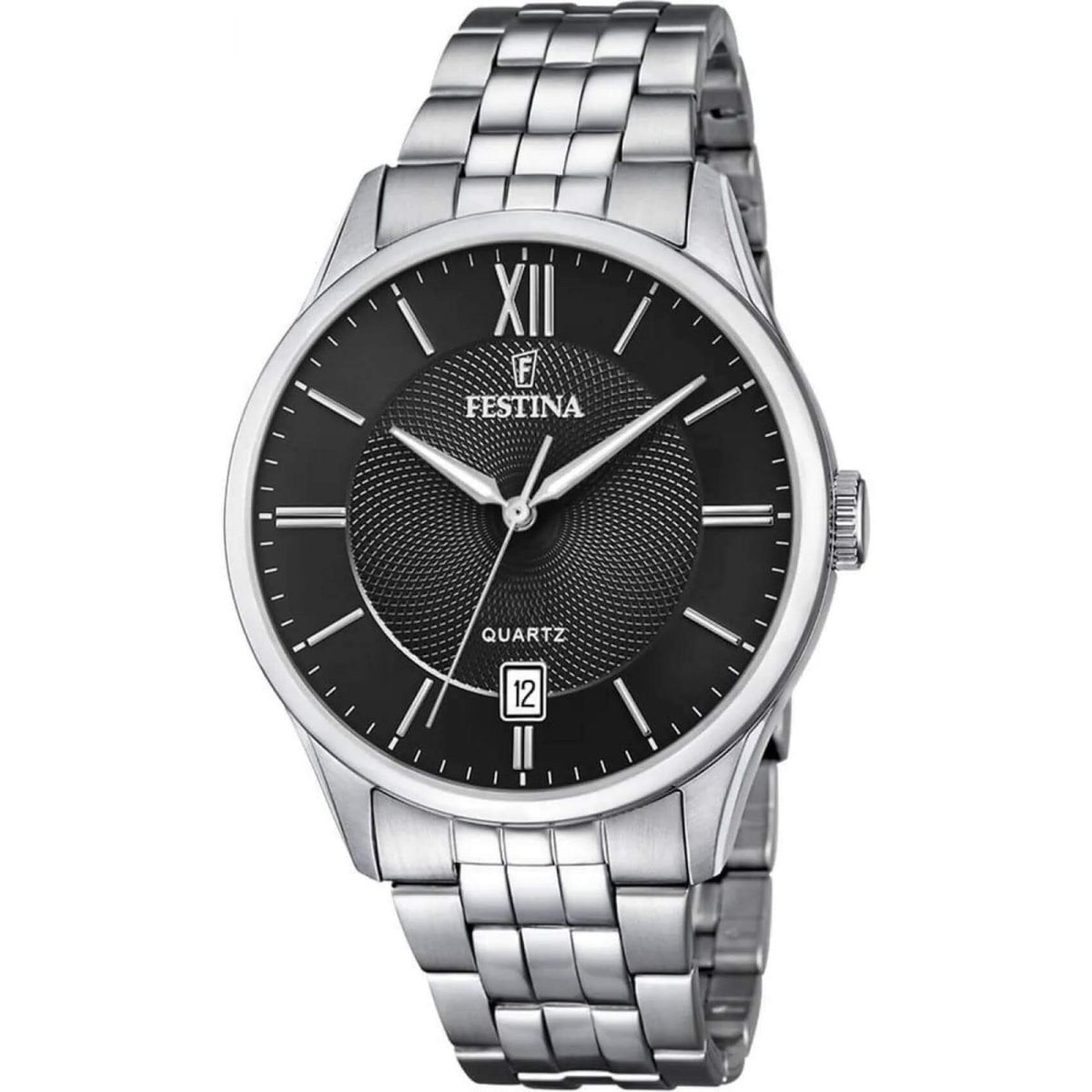 Ρολόι Festina Classics F20425/3 με ασημί ατσάλινο μπρασελέ, μαύρο καντραν, μηχανισμό μπαταρίας με ένδειξη ημερομηνίας, στρογγυλό στεφάνι με διάμετρο 43mm αδιάβροχο στις 5ΑΤΜ-50Μ.