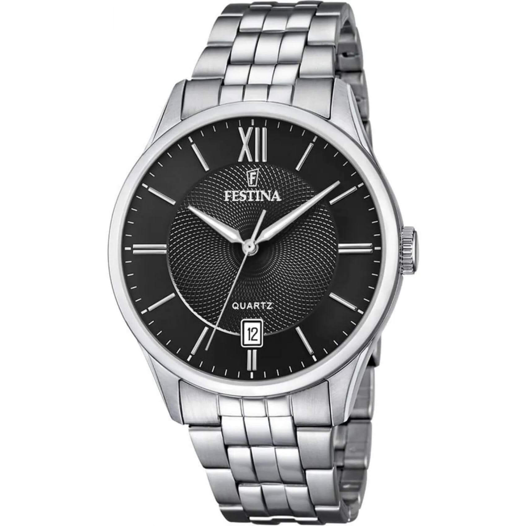 Ρολόι Festina Classics F20425/3 με ασημί ατσάλινο μπρασελέ, μαύρο καντραν, μηχανισμό μπαταρίας με ένδειξη ημερομηνίας, στρογγυλό στεφάνι με διάμετρο 43mm αδιάβροχο στις 5ΑΤΜ-50Μ.