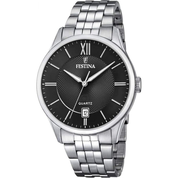 Ρολόι Festina Classics F20425/3 με ασημί ατσάλινο μπρασελέ, μαύρο καντραν, μηχανισμό μπαταρίας με ένδειξη ημερομηνίας, στρογγυλό στεφάνι με διάμετρο 43mm αδιάβροχο στις 5ΑΤΜ-50Μ.
