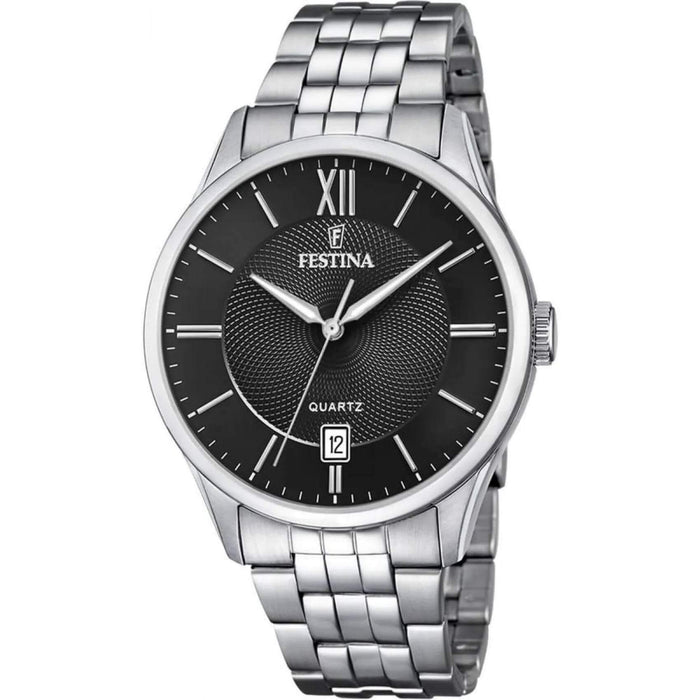 Ρολόι Festina Classics F20425/3 με ασημί ατσάλινο μπρασελέ, μαύρο καντραν, μηχανισμό μπαταρίας με ένδειξη ημερομηνίας, στρογγυλό στεφάνι με διάμετρο 43mm αδιάβροχο στις 5ΑΤΜ-50Μ.