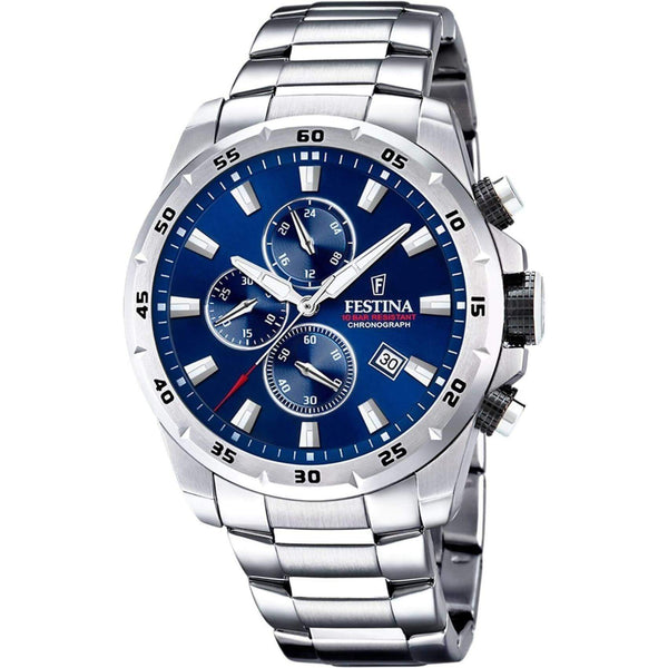 Ρολόι Festina F20463/2 χρονογράφος με ασημί ατσάλινο μπρασελέ, μπλε καντραν, μηχανισμό μπαταρίας, στρογγυλό στεφάνι με διάμετρο 45mm και ένδειξη ημερομηνίας αδιάβροχο στις 10ΑΤΜ-100Μ.