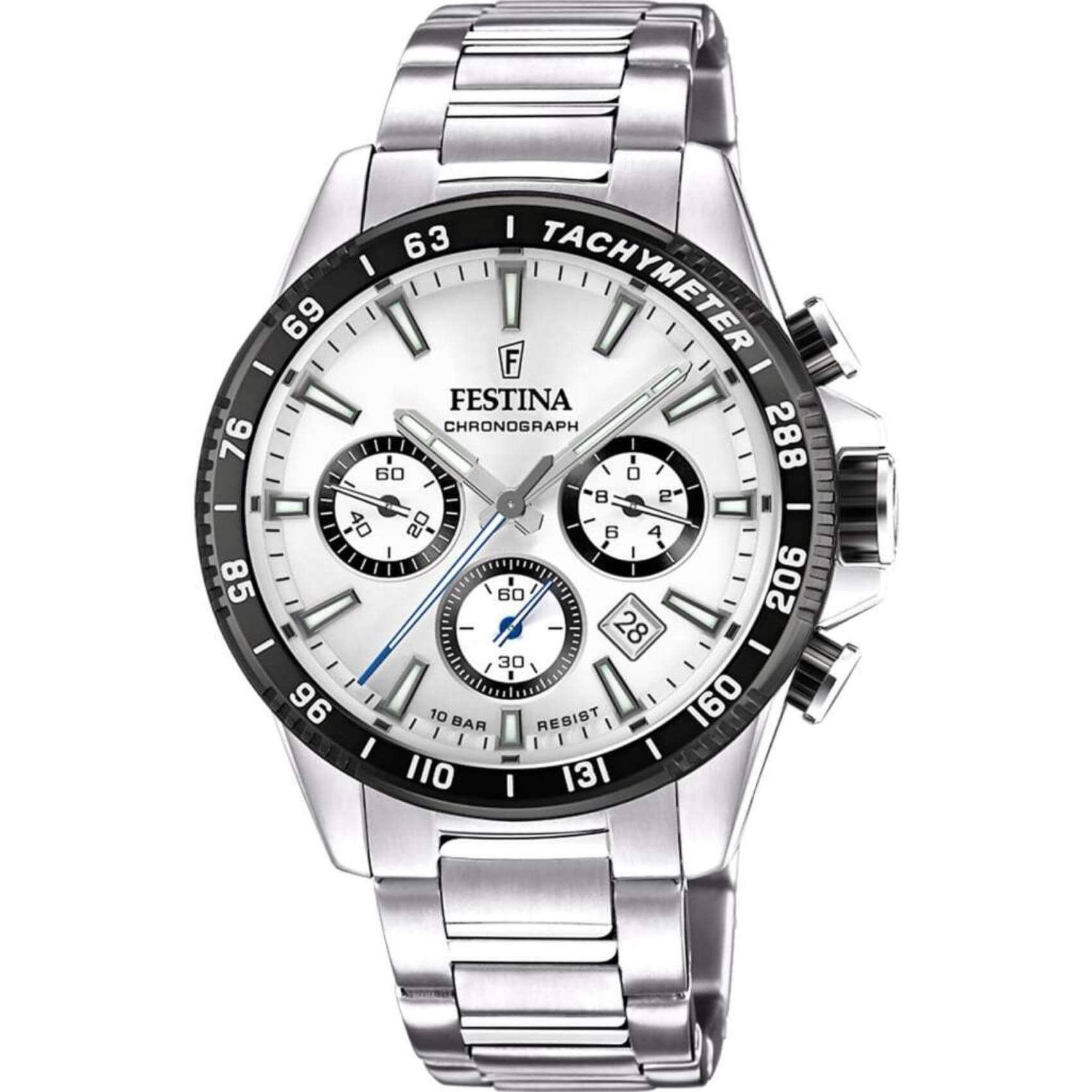 Ρολόι Festina F20560/1 χρονογράφος με ασημί ατσάλινο μπρασελέ, άσπρο καντραν, μηχανισμό μπαταρίας, στρογγυλό στεφάνι με διάμετρο 45mm και ένδειξη ημερομηνίας αδιάβροχο στις 10ΑΤΜ-100Μ.