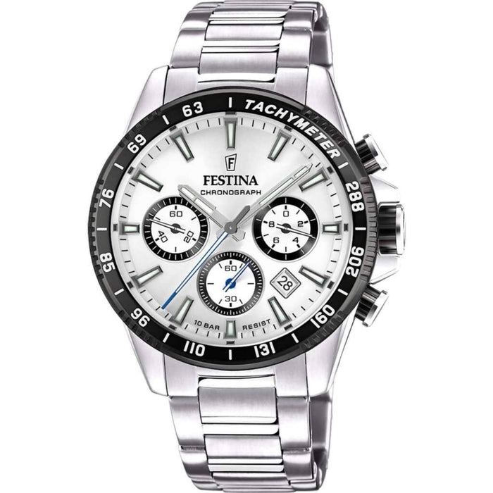 Ρολόι Festina F20560/1 χρονογράφος με ασημί ατσάλινο μπρασελέ, άσπρο καντραν, μηχανισμό μπαταρίας, στρογγυλό στεφάνι με διάμετρο 45mm και ένδειξη ημερομηνίας αδιάβροχο στις 10ΑΤΜ-100Μ.