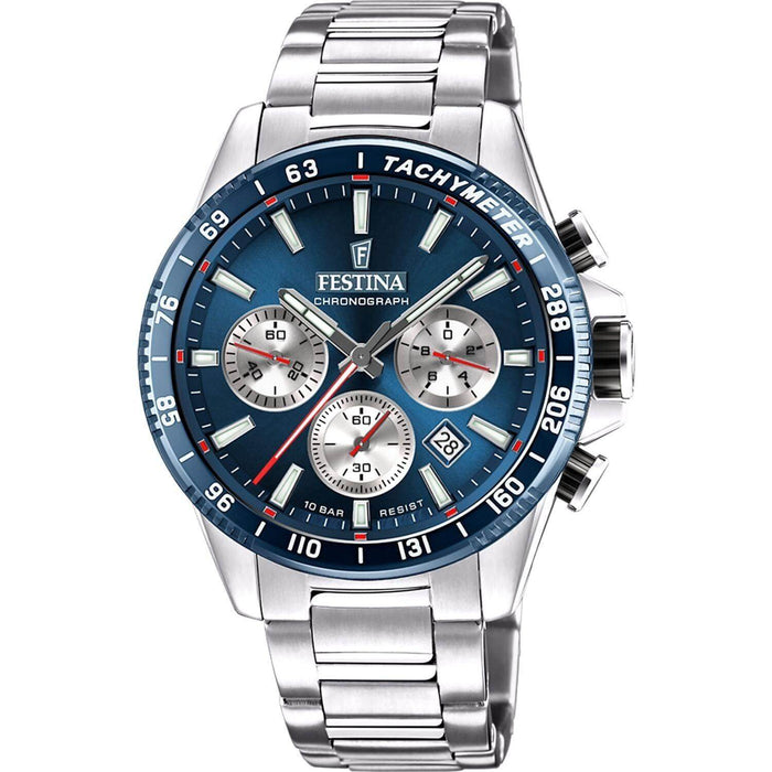 Ρολόι Festina F20560/2 με ασημί μπρασελέ, μπλε καντράν με ένδειξη ημερομηνίας και στεφάνι διαμέτρου 45mm.