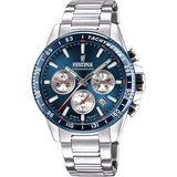 Ρολόι Festina F20560/2 με ασημί μπρασελέ, μπλε καντράν με ένδειξη ημερομηνίας και στεφάνι διαμέτρου 45mm.