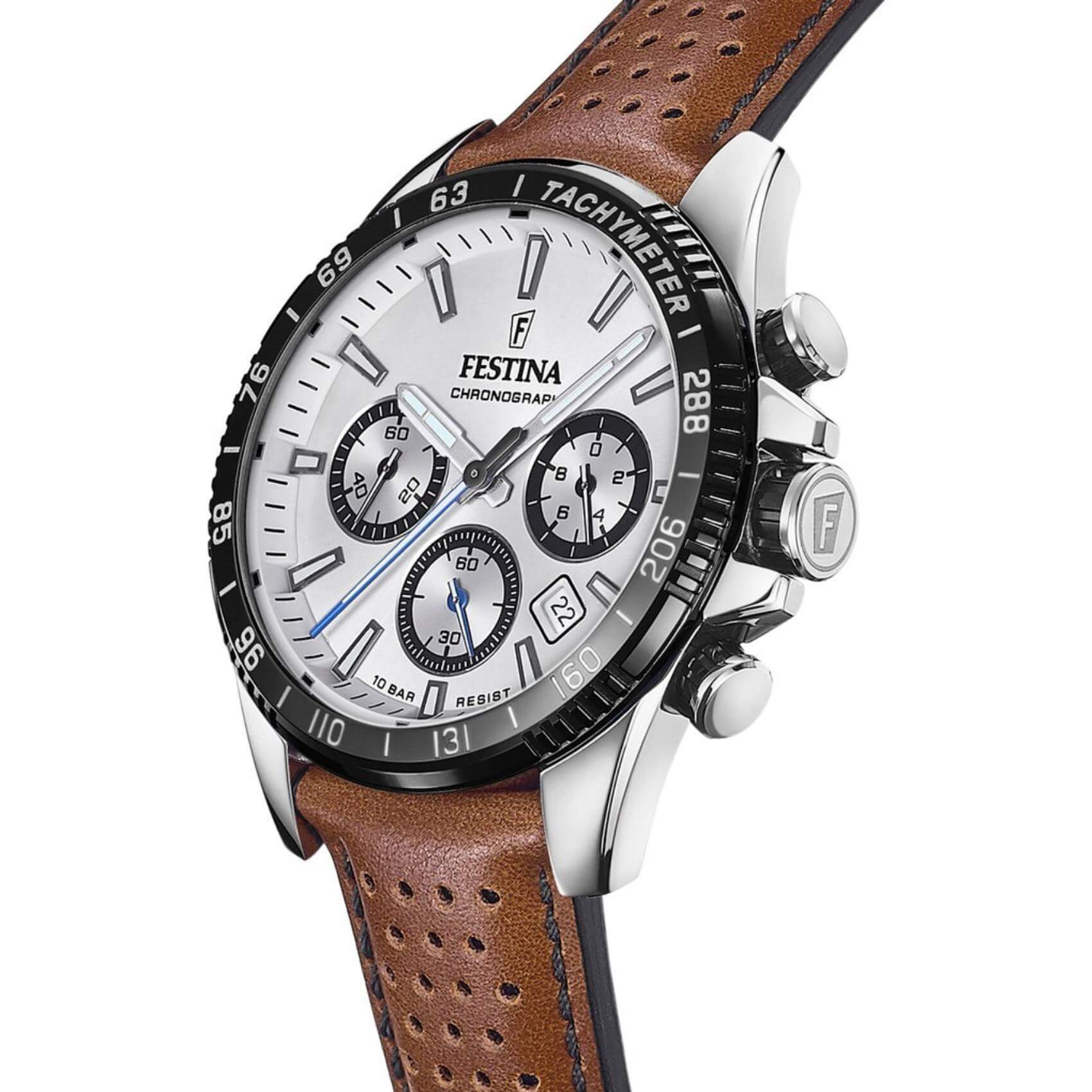 Ανδρικό ρολόι Festina F20561/1 με καφέ δερμάτινο λουράκι, άσπρο καντραν με χρονογράφο, μηχανισμό μπαταρίας, στρογγυλό στεφάνι με διάμετρο 45mm, αδιάβροχο στις 10ΑΤΜ-100Μ.