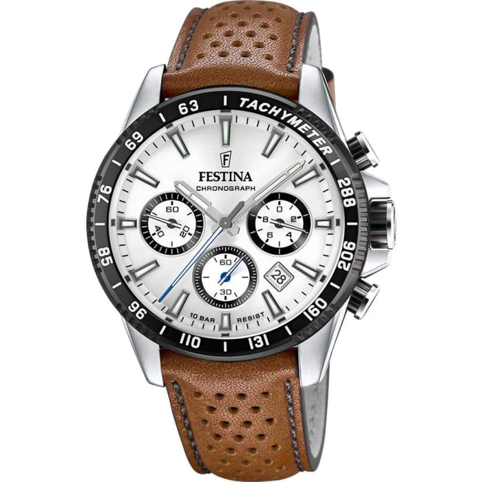 Ανδρικό ρολόι Festina F20561/1 με καφέ δερμάτινο λουράκι, άσπρο καντραν με χρονογράφο, μηχανισμό μπαταρίας, στρογγυλό στεφάνι με διάμετρο 45mm, αδιάβροχο στις 10ΑΤΜ-100Μ.