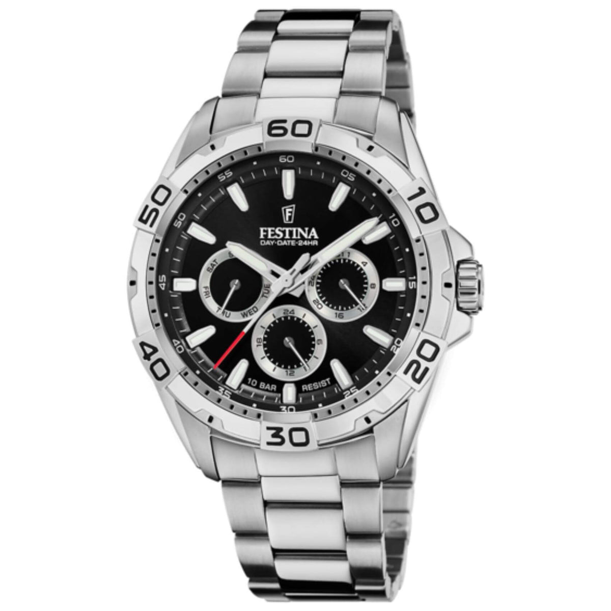 Αδιάβροχο ρολόι Festina F20623/4 με χρονογράφο, ασημί μπρασελέ, μαύρο καντράν με ένδειξη ημερομηνίας και στεφάνι διαμέτρου 44,7mm.