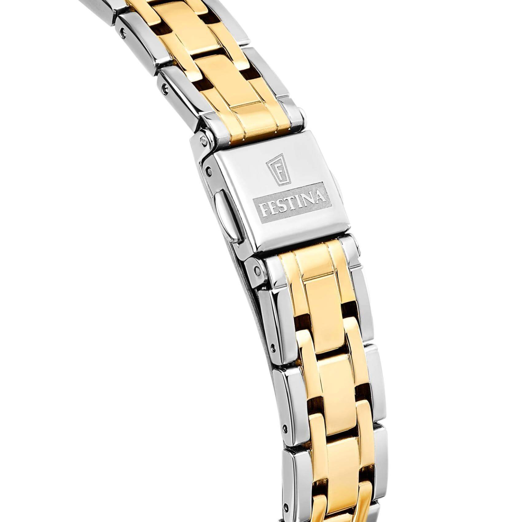 Ρολόι Festina F20625/2 με δίχρωμο ατσάλινο μπρασελέ σε ασημί και χρυσό χρώμα, χρυσό καντραν με ζιργκόν, μηχανισμό μπαταρίας και στρογγυλό σχήμα με διάμετρο 30,5mm αδιάβροχο στις 5ΑΤΜ-50Μ.