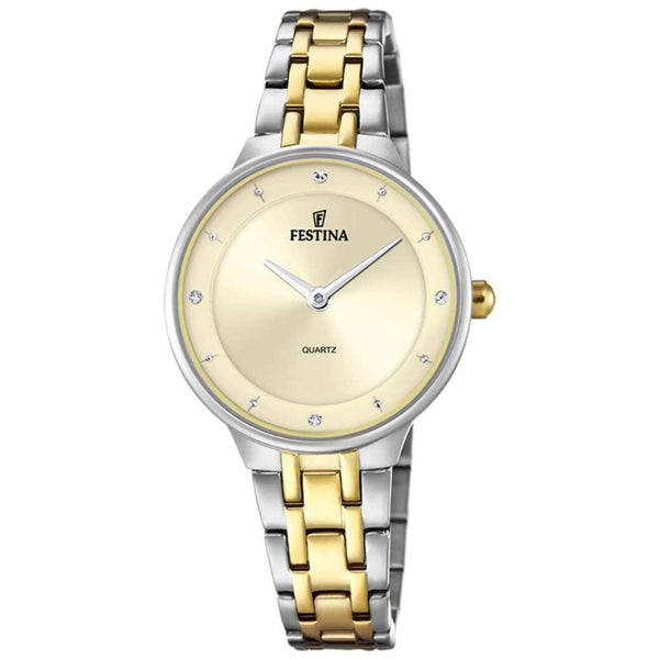 Ρολόι Festina F20625/2 με δίχρωμο ατσάλινο μπρασελέ σε ασημί και χρυσό χρώμα, χρυσό καντραν με ζιργκόν, μηχανισμό μπαταρίας και στρογγυλό σχήμα με διάμετρο 30,5mm αδιάβροχο στις 5ΑΤΜ-50Μ.