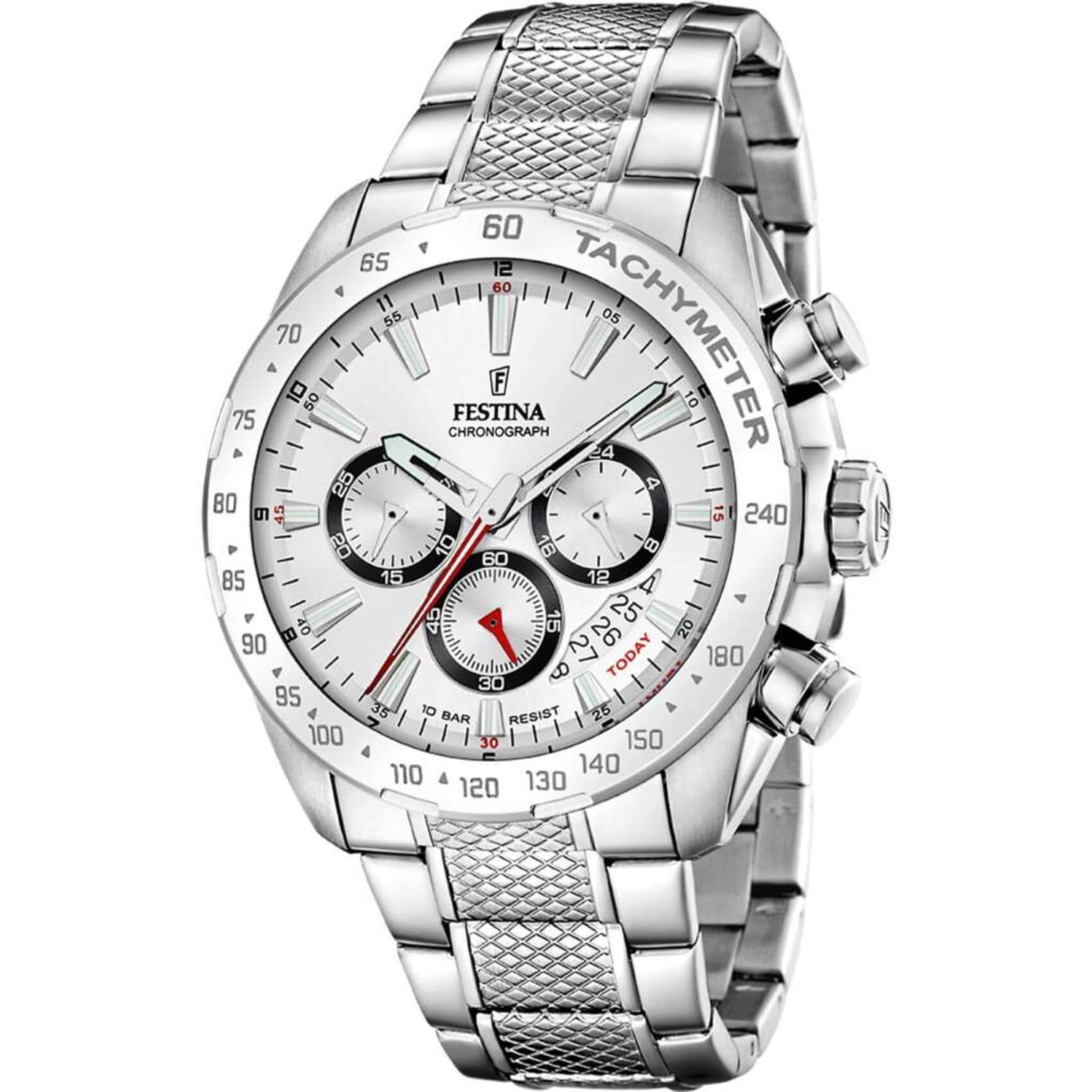 Ρολόι Festina F20668/1 χρονογράφος με ασημί ατσάλινο μπρασελέ, άσπρο καντραν, μηχανισμό μπαταρίας quartz, στρογγυλό στεφάνι με διάμετρο 44mm και ένδειξη ημερομηνίας αδιάβροχο στις 10ΑΤΜ-100Μ.