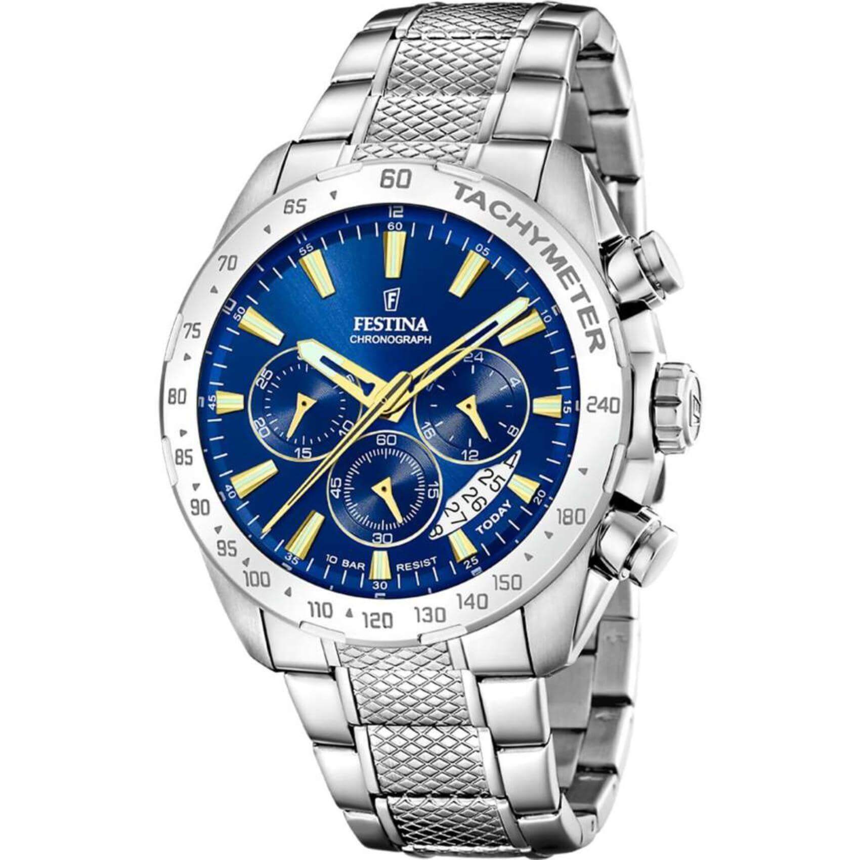 Ρολόι Festina F20668/2 χρονογράφος με ασημί ατσάλινο μπρασελέ, μπλε καντραν, μηχανισμό μπαταρίας quartz, στρογγυλό στεφάνι με διάμετρο 44mm και ένδειξη ημερομηνίας αδιάβροχο στις 10ΑΤΜ-100Μ.