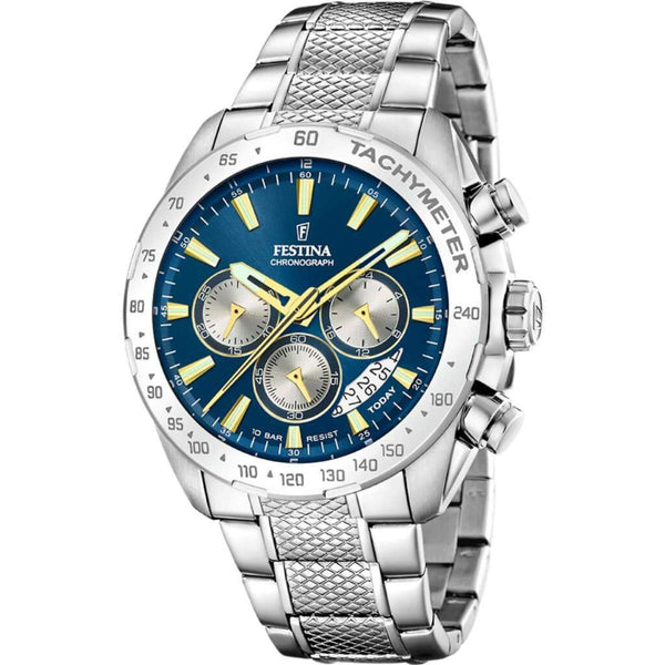 Ρολόι Festina F20668/5 χρονογράφος με ασημί ατσάλινο μπρασελέ, μπλε καντραν, μηχανισμό μπαταρίας quartz, στρογγυλό στεφάνι με διάμετρο 44mm και ένδειξη ημερομηνίας αδιάβροχο στις 10ΑΤΜ-100Μ.