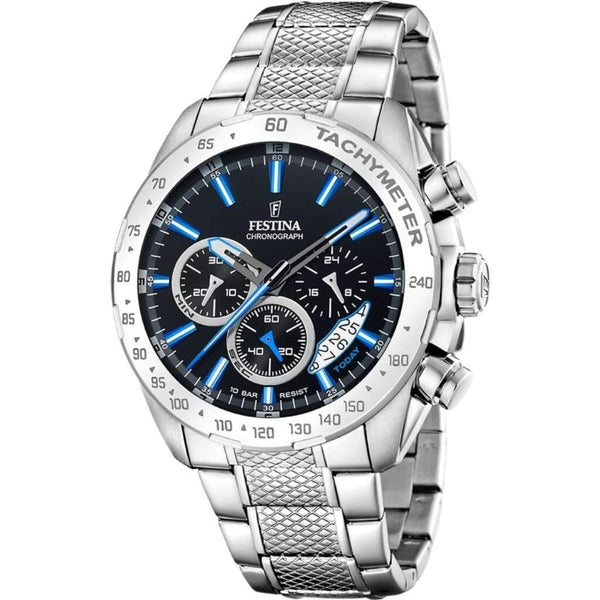 Ρολόι Festina F20668/6 χρονογράφος με ασημί ατσάλινο μπρασελέ, μαύρο καντραν, μηχανισμό μπαταρίας quartz, στρογγυλό στεφάνι με διάμετρο 44mm και ένδειξη ημερομηνίας αδιάβροχο στις 10ΑΤΜ-100Μ.
