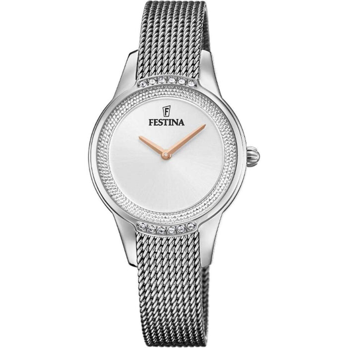 Ρολόι Festina Mademoiselle F20494/1 με ασημί ατσάλινο μπρασελέ, άσπρο καντραν με ζιργκόν, μηχανισμό μπαταρίας και στρογγυλό σχήμα με διάμετρο 30mm αδιάβροχο στις 5ΑΤΜ-50Μ.