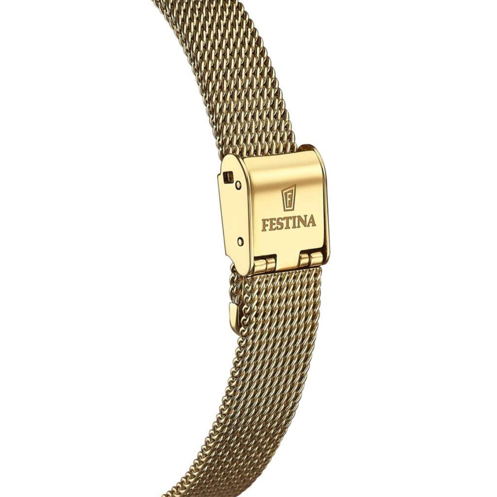 Ρολόι Festina Mademoiselle F20495/1 με χρυσό ατσάλινο μπρασελέ, άσπρο καντραν με ζιργκόν, μηχανισμό μπαταρίας και στρογγυλό σχήμα με διάμετρο 30mm αδιάβροχο στις 5ΑΤΜ-50Μ.