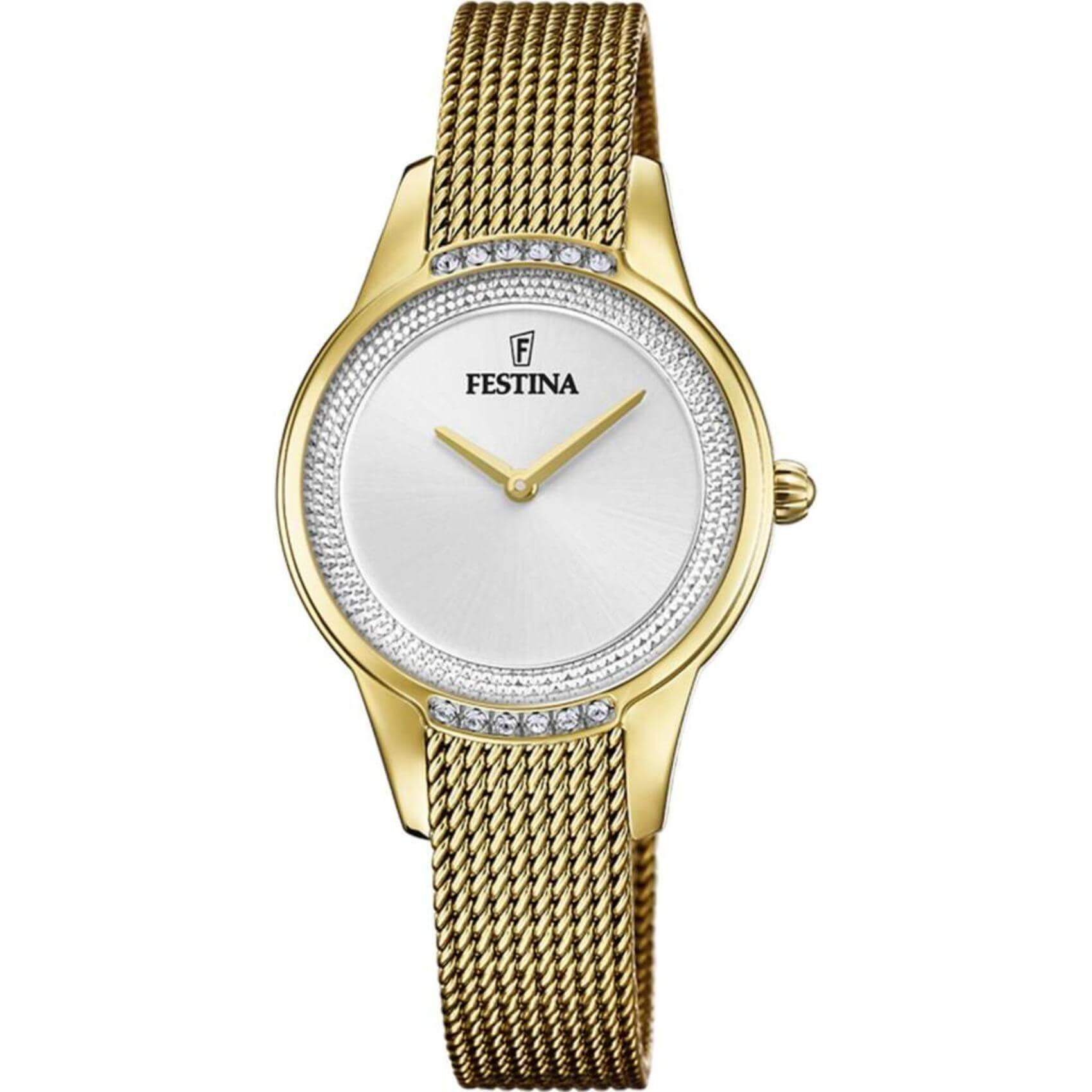 Ρολόι Festina Mademoiselle F20495/1 με χρυσό ατσάλινο μπρασελέ, άσπρο καντραν με ζιργκόν, μηχανισμό μπαταρίας και στρογγυλό σχήμα με διάμετρο 30mm αδιάβροχο στις 5ΑΤΜ-50Μ.