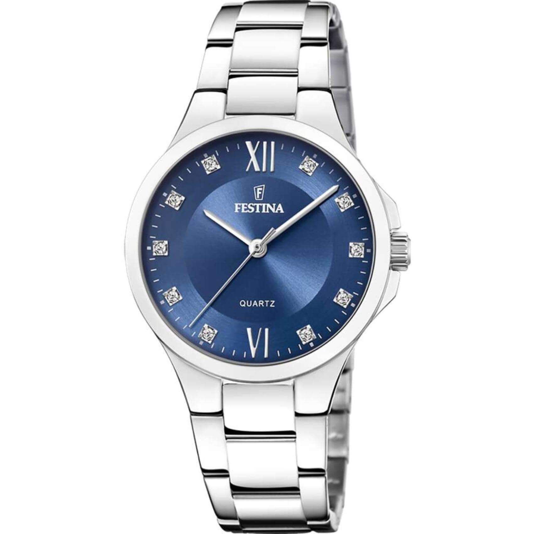 Γυναικείο ρολόι Festina Mademoiselle F20582/3 με ασημί ατσάλινο μπρασελέ, μπλε καντραν με ζιργκόν, μηχανισμό μπαταρίας στρογγυλό στεφάνι με διάμετρο 34mm, αδιάβροχο στις 5ΑΤΜ-50Μ.