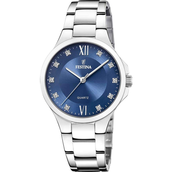 Γυναικείο ρολόι Festina Mademoiselle F20582/3 με ασημί ατσάλινο μπρασελέ, μπλε καντραν με ζιργκόν, μηχανισμό μπαταρίας στρογγυλό στεφάνι με διάμετρο 34mm, αδιάβροχο στις 5ΑΤΜ-50Μ.