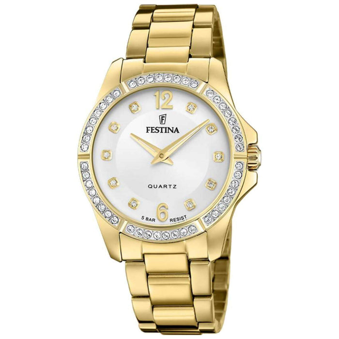Ρολόι Festina Mademoiselle F20596/1 με χρυσό ατσάλινο μπρασελέ, άσπρο καντραν με ζιργκόν, μηχανισμό μπαταρίας και στρογγυλό σχήμα με διάμετρο 34,5mm αδιάβροχο στις 5ΑΤΜ-50Μ.