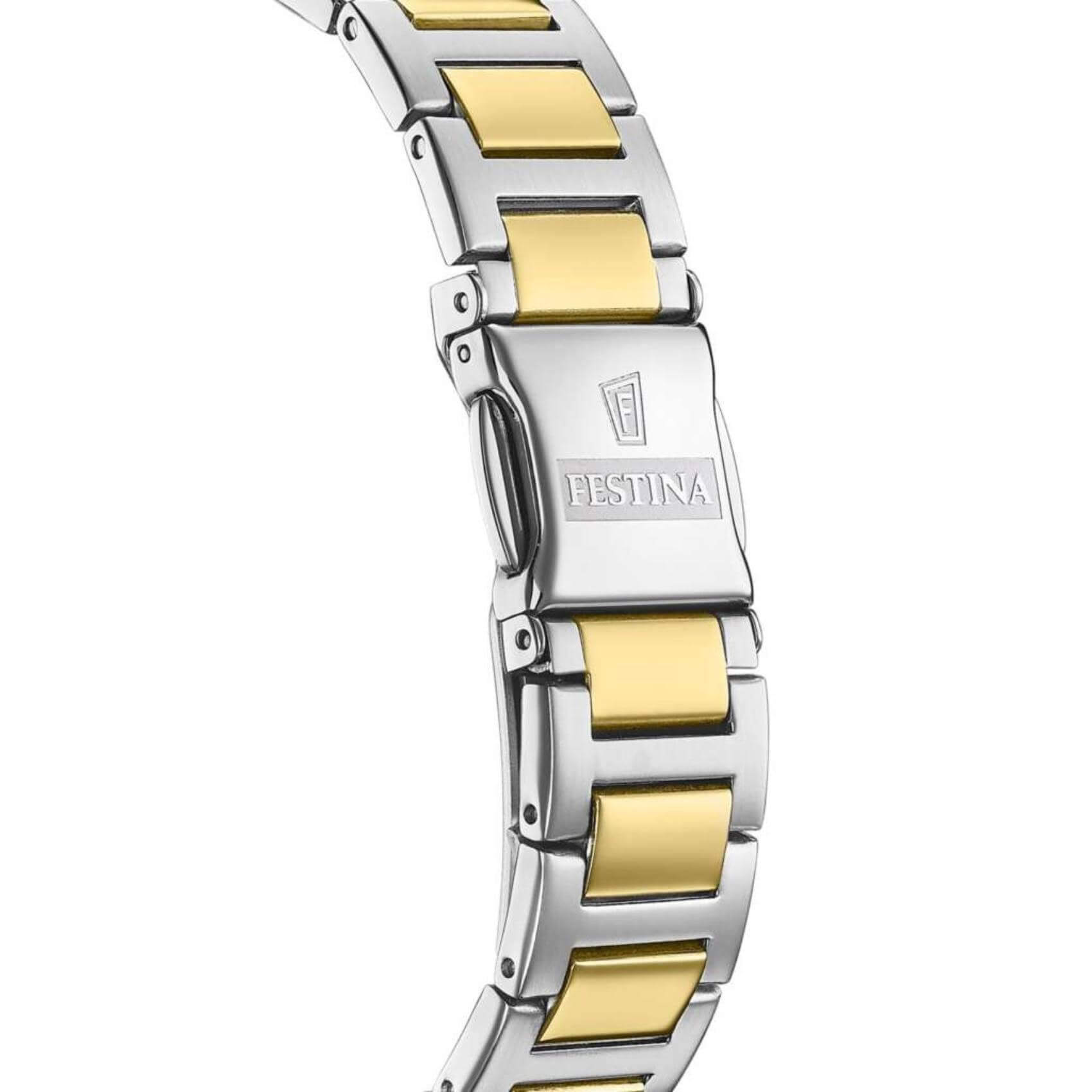 Γυναικείο ρολόι Festina Mademoiselle F20619/1 με δίχρωμο ασημί-χρυσό ατσάλινο μπρασελέ, ασημί καντραν με ζιργκόν, μηχανισμό μπαταρίας, στρογγυλό στεφάνι με διάμετρο 35,5mm αδιάβροχο στις 5ΑΤΜ-50Μ.