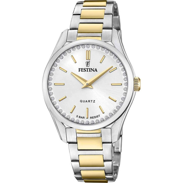 Γυναικείο ρολόι Festina Mademoiselle F20619/1 με δίχρωμο ασημί-χρυσό ατσάλινο μπρασελέ, ασημί καντραν με ζιργκόν, μηχανισμό μπαταρίας, στρογγυλό στεφάνι με διάμετρο 35,5mm αδιάβροχο στις 5ΑΤΜ-50Μ.