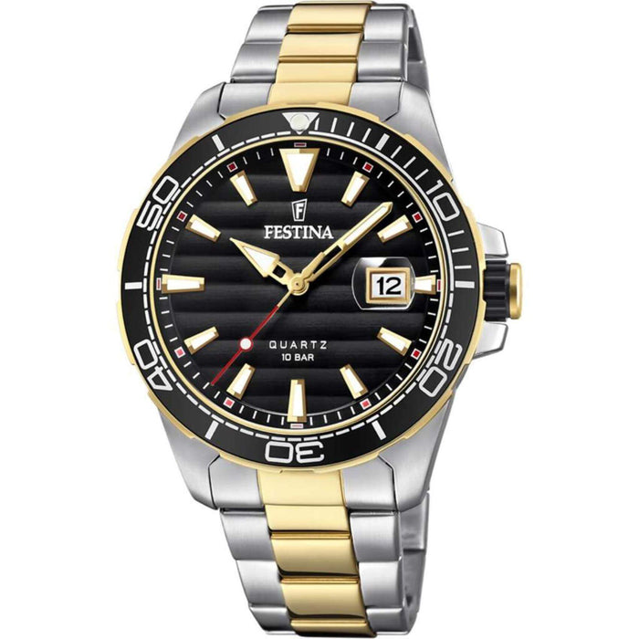 Αδιάβροχο ρολόι Festina Prestige F20362/2 με δίχρωμο ασημί-χρυσό ατσάλινο μπρασελέ, μαύρο καντράν με μηχανή μπαταρίας Quartz ένδειξη ημερομηνίας και στεφάνι διαμέτρου 44mm με στεγανότητα στις 10ΑΤΜ-100Μ.