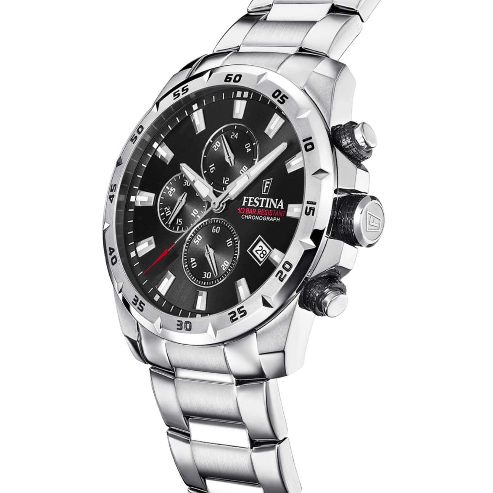 Ρολόι Festina Sport F20463/4 χρονογράφος με ασημί ατσάλινο μπρασελέ, μαύρο καντραν, μηχανισμό μπαταρίας, στρογγυλό στεφάνι με διάμετρο 45mm και ένδειξη ημερομηνίας αδιάβροχο στις 10ΑΤΜ-100Μ.