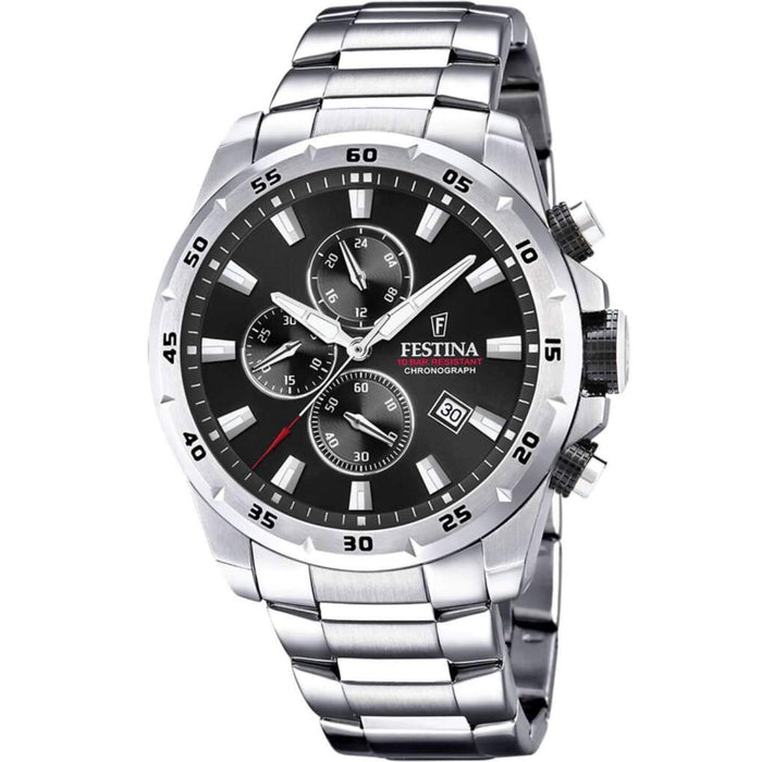 Ρολόι Festina Sport F20463/4 χρονογράφος με ασημί ατσάλινο μπρασελέ, μαύρο καντραν, μηχανισμό μπαταρίας, στρογγυλό στεφάνι με διάμετρο 45mm και ένδειξη ημερομηνίας αδιάβροχο στις 10ΑΤΜ-100Μ.