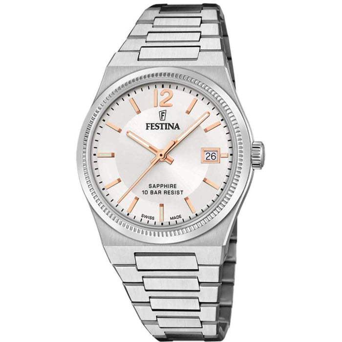 Γυναικείο ρολόι Festina Swiss Made F20035/2 με ασημί ατσάλινο μπρασελέ, ασημί καντραν, τζαμάκι από αχάρακτο ζαφείρι μηχανισμό μπαταρίας με ένδειξη ημερομηνίας και στρογγυλό στεφάνι με διάμετρο 35mm, αδιάβροχο στις 10ΑΤΜ-100Μ.