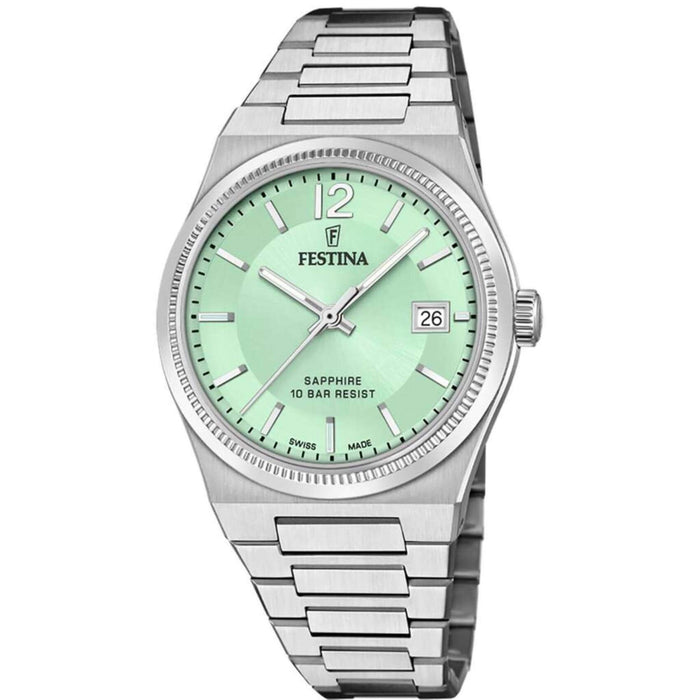 Γυναικείο ρολόι Festina Swiss Made F20035/3 με ασημί ατσάλινο μπρασελέ, φυστικί καντραν, τζαμάκι από αχάρακτο ζαφείρι μηχανισμό μπαταρίας με ένδειξη ημερομηνίας και στρογγυλό στεφάνι με διάμετρο 35mm, αδιάβροχο στις 10ΑΤΜ-100Μ.