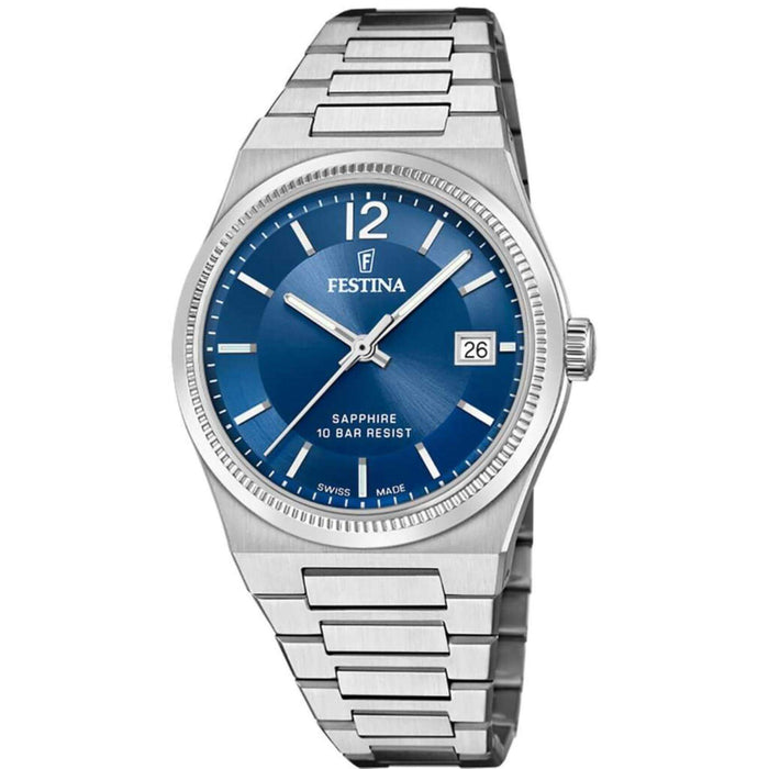 Γυναικείο ρολόι Festina Swiss Made F20035/4 με ασημί ατσάλινο μπρασελέ, μπλε καντραν, τζαμάκι από αχάρακτο ζαφείρι μηχανισμό μπαταρίας με ένδειξη ημερομηνίας και στρογγυλό στεφάνι με διάμετρο 35mm, αδιάβροχο στις 10ΑΤΜ-100Μ.