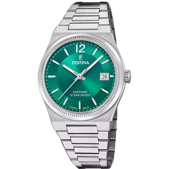 Γυναικείο ρολόι Festina Swiss Made F20035/5 με ασημί ατσάλινο μπρασελέ, πράσινο καντραν, τζαμάκι από αχάρακτο ζαφείρι μηχανισμό μπαταρίας με ένδειξη ημερομηνίας και στρογγυλό στεφάνι με διάμετρο 35mm, αδιάβροχο στις 10ΑΤΜ-100Μ.